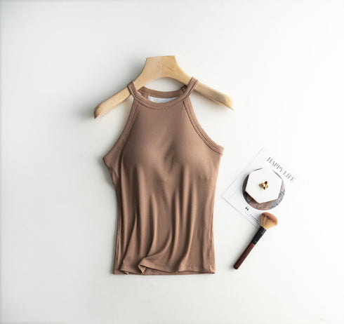 Slim Halter Neck Off-Shoulder Camisole Tops for Women - Stylish Solid Tank Tees with Chest Pad for Comfortable Summer Wear